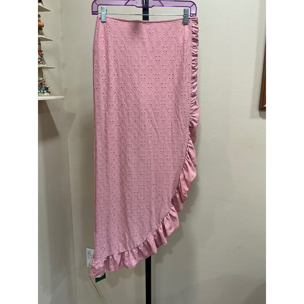 Halara Skirt Midi Eyelet Medium Pink Ruffle High Low Built-in Liner New